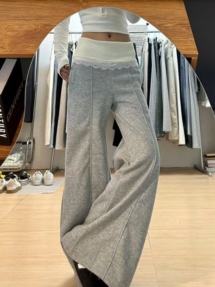 

American retro spicy girl lace patchwork wide leg pants autumn and winter women with plush casual pants loose floor length pants