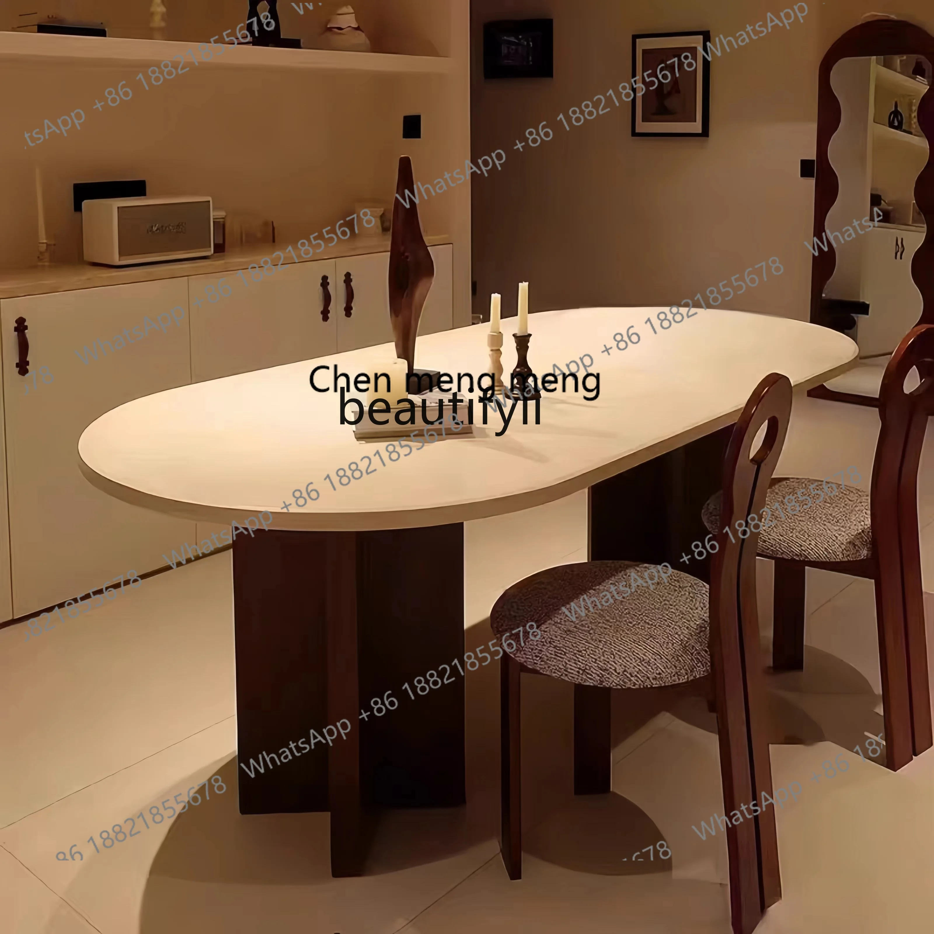 French Solid Wood Dining Table Simple Home Cream Style Stone Plate Silent Style Oval Long Table