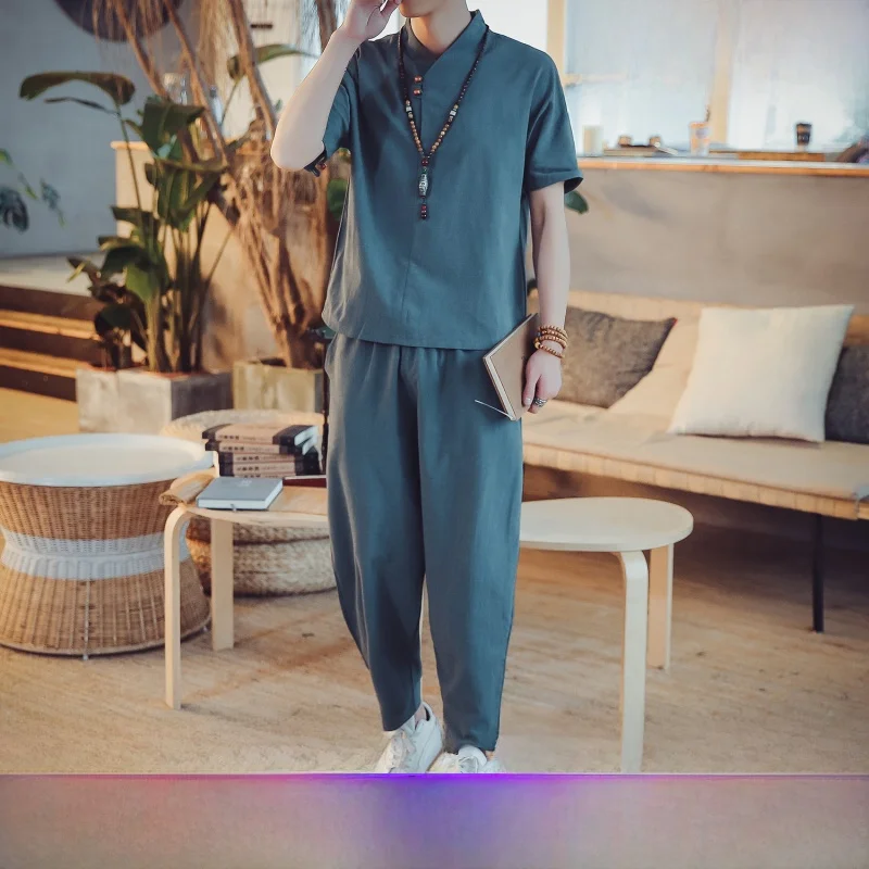 

Мужской комплект: длинные брюки и футболка с V-образным вырезом и коротким рукавом, в китайском стиле, из хлопка, для отдыха, удобный крой, для массажных салонов и спа-центров.