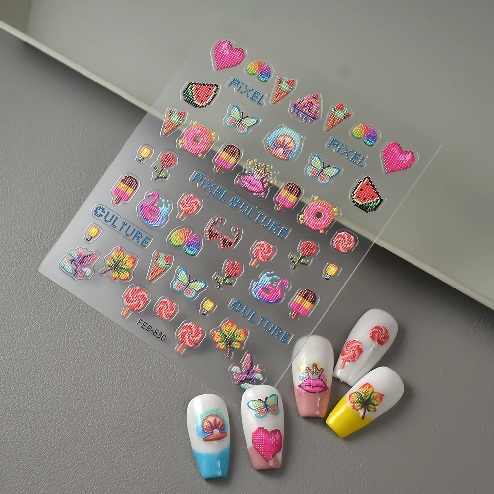 5D Pixel  Nail Art Stickers Watermelon Icecream Lollipop Rose Flower Slider Personalized Self Adhesive Decals FEB-830