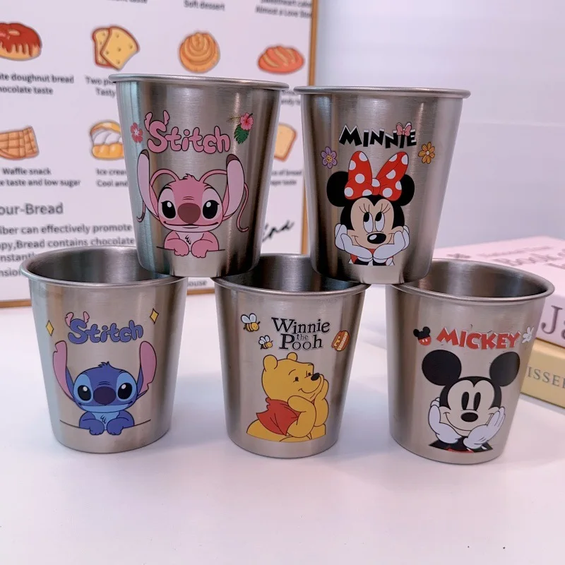 Taza de acero inoxidable 304 de 300 ml con dibujos animados de Mickey, Minnie, Stitch y Winnie the Pooh, multiusos para niños, para beber y cepillarse los dientes