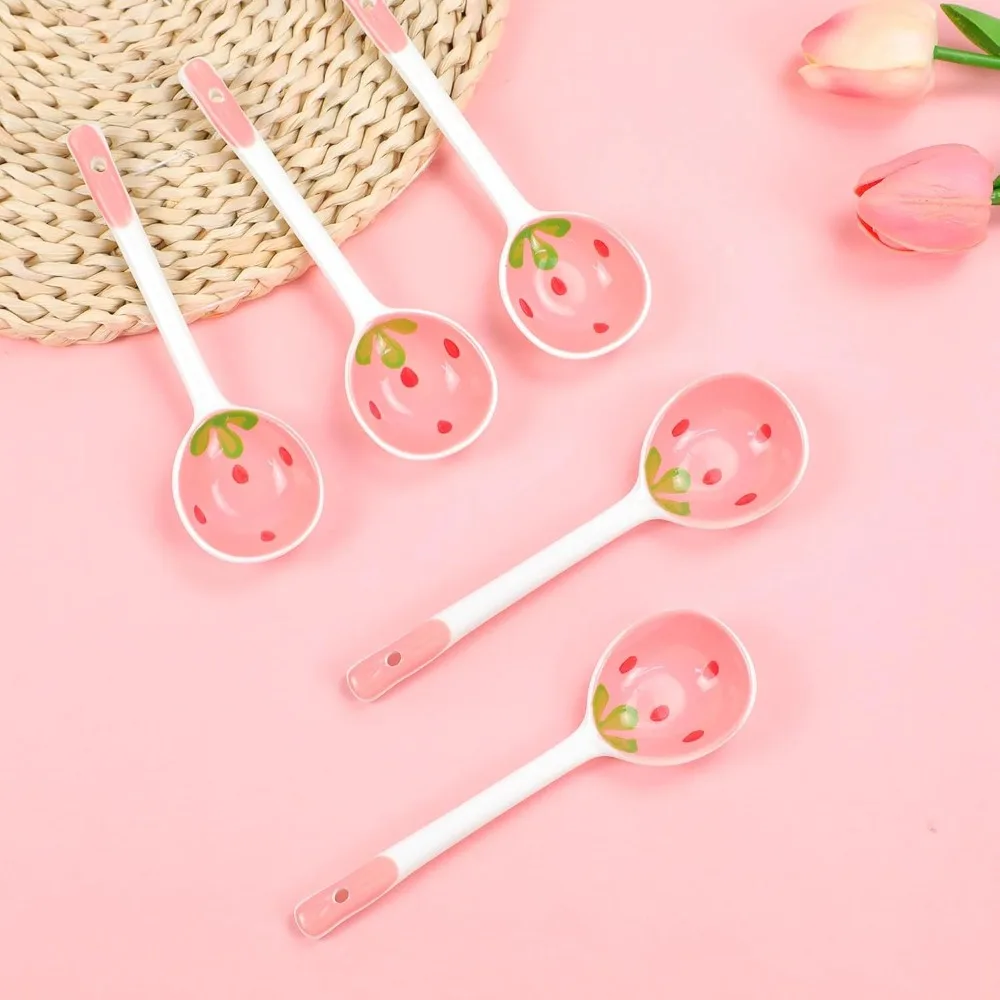 

5 Pcs Ceramic Soup Spoons Cute Strawberry Spoons Long Handle Porcelain Tablespoons Reusable Dinnerware for Ice-cream Desserts