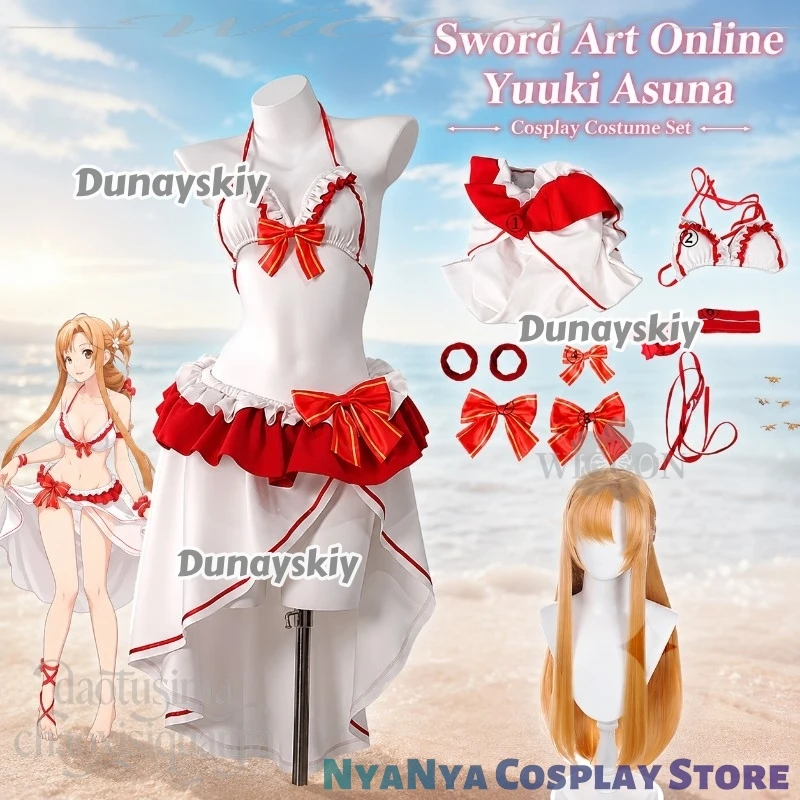 アニメ-sao-コスプレ結城アスナ衣装新しい夏服セクシーな水着ビキニウィッグハロウィンパーティーファッション-y2k-白赤ドレス