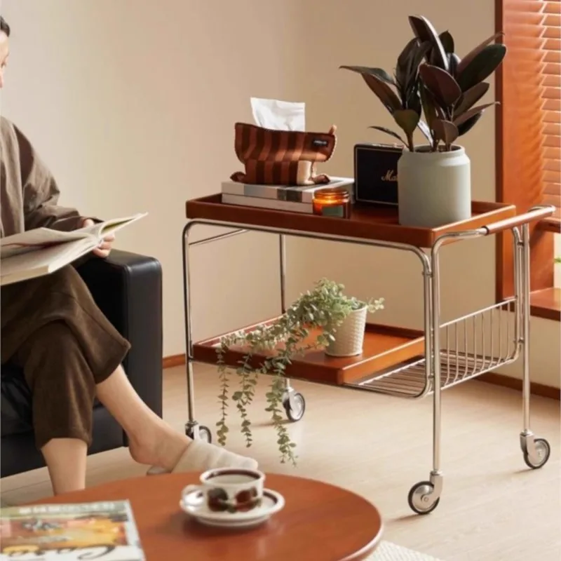 

MOMO Coffee Table Vintage Tea Trolley Solid Wood Sofa Side Table Antique Japanese Movable Living Room Sideboard Dining Car