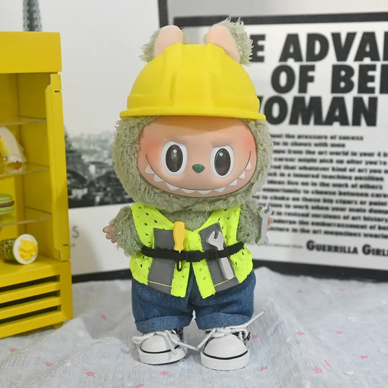 

For 17cm 1st 2nd 3rd Gen Labubu Construction Worker Outfit Set, Mechanic Costume with Tool Belt for Keychain Vinyl Doll Clothing