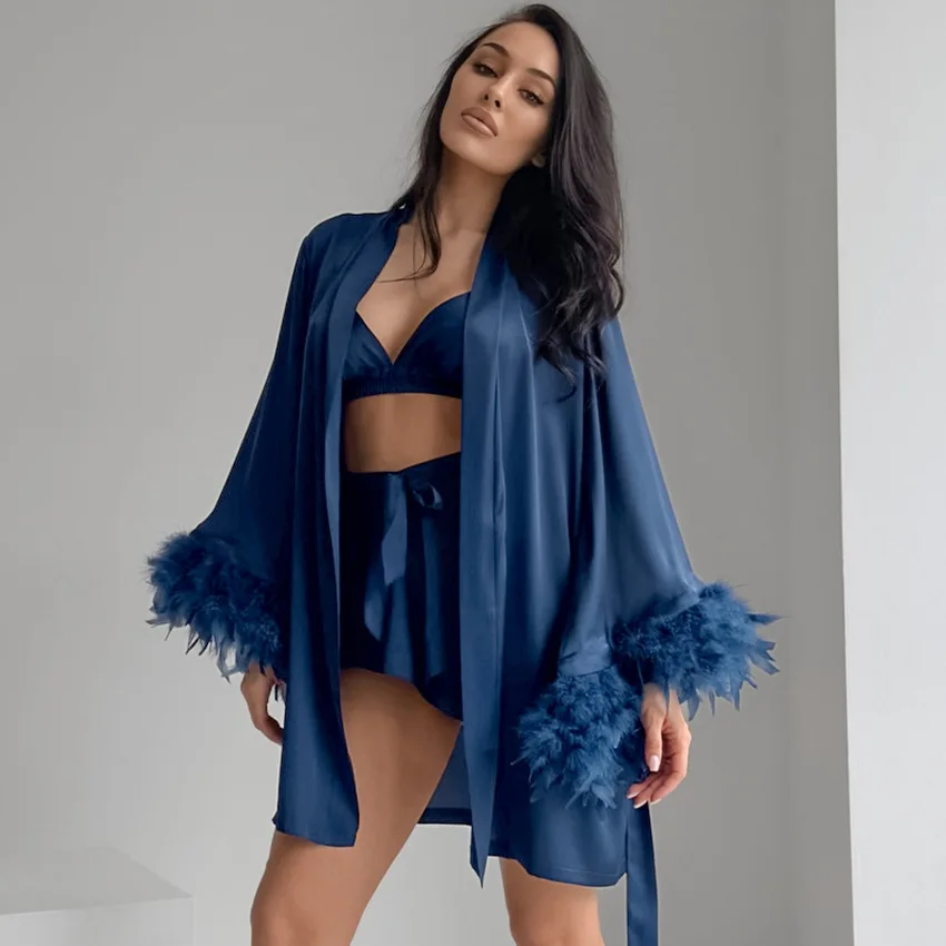 Shorts Nightgown Three-piece Set, Imitation Silk, Loungewear, Feather Pajamas