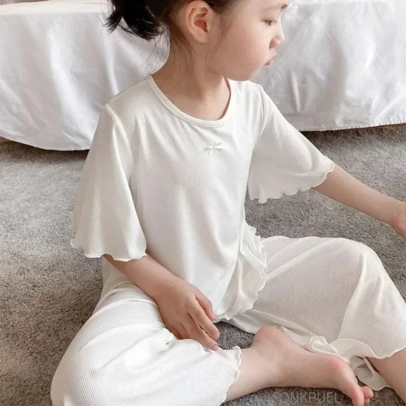 Mädchen-Sets Sommer Dünne Kinder Kurzarm-Set Eisseide 2-teiliges Homewear-Set 2-10 Jahre Mädchen Einfarbiger Kinder-Pyjama-Set – Detail 6
