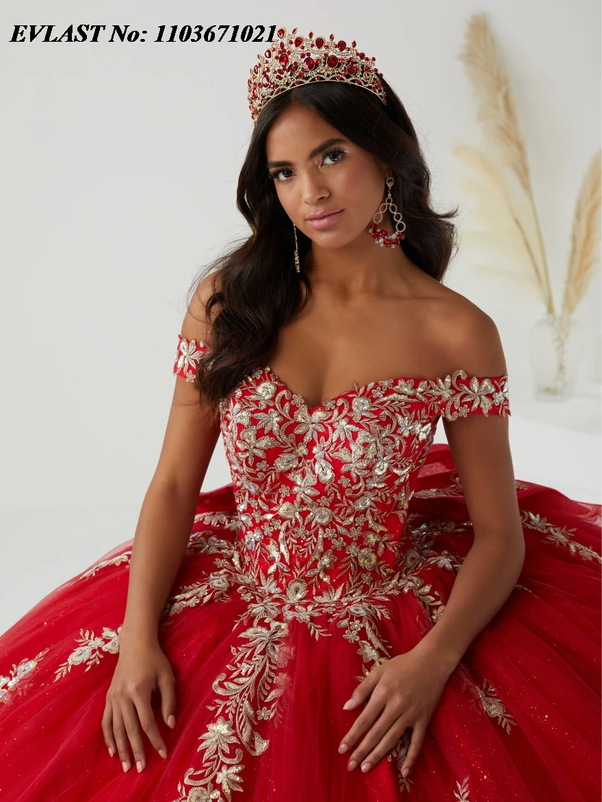 فستان Quinceanera أحمر مخصص من EVLAST فستان حفلة ترتر دانتيل مزين بفيونكة Beadig مشد حلو 16 Vestidos De XV Anos SQ329