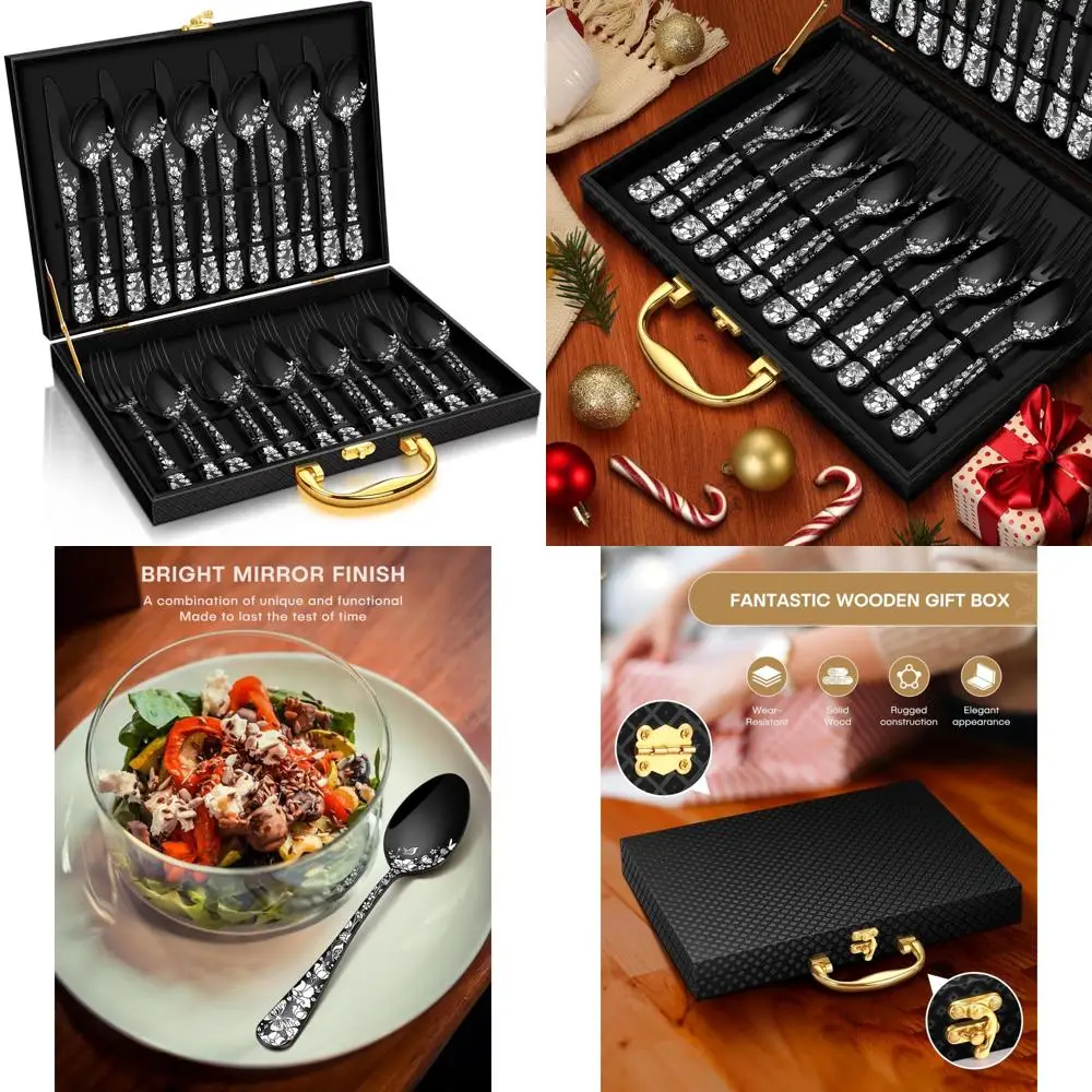 

Stainless Steel Silverware Set for 6, 30-Piece Black and Silver Flatware with Gift Box, Including Mirror Finish Forks, Spoons, a
