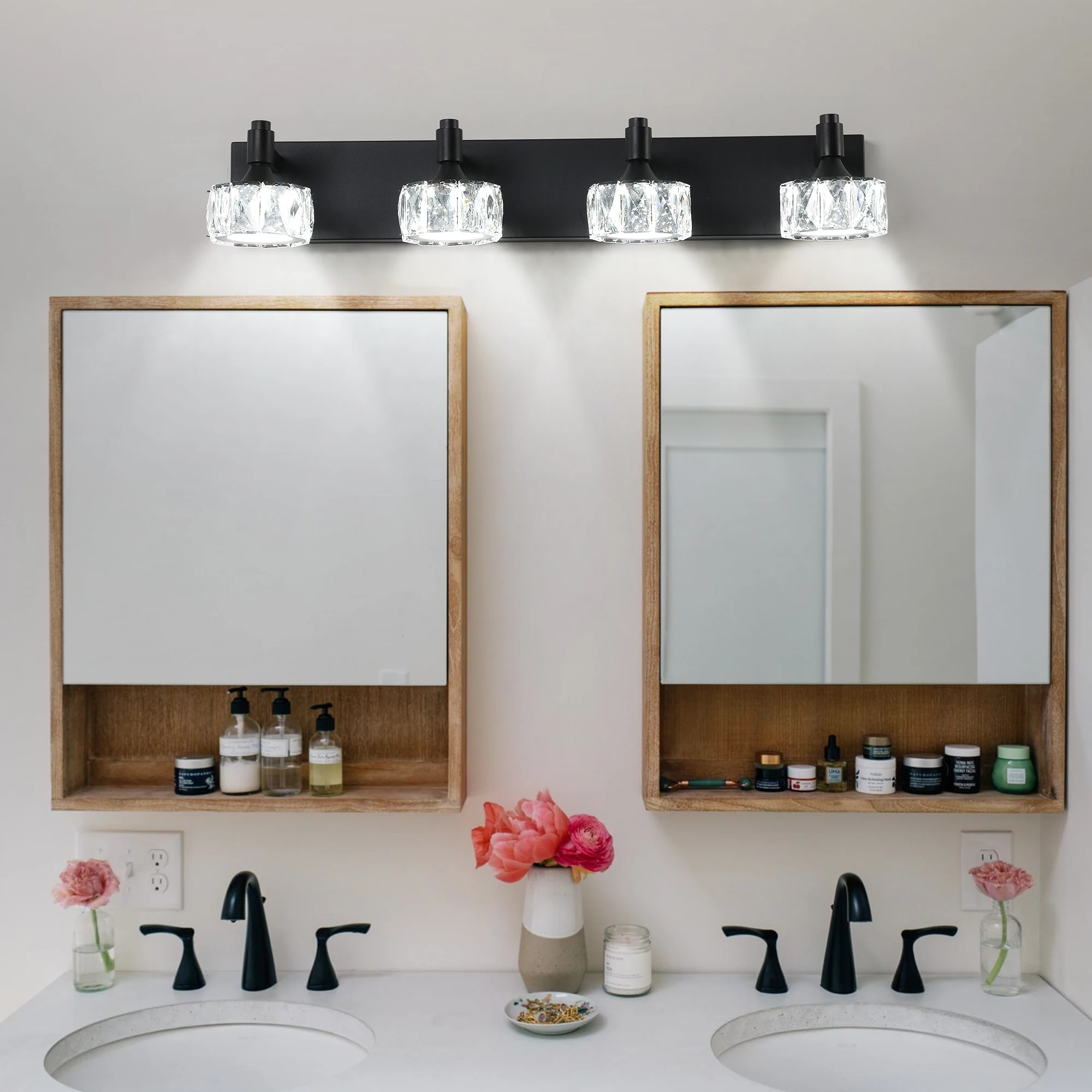 

LED Vanity Light Modern 4-Light Matte Black Fixture with Crystal Glass Shades, Bathroom Wall Sconce for Contemporary Home Deco