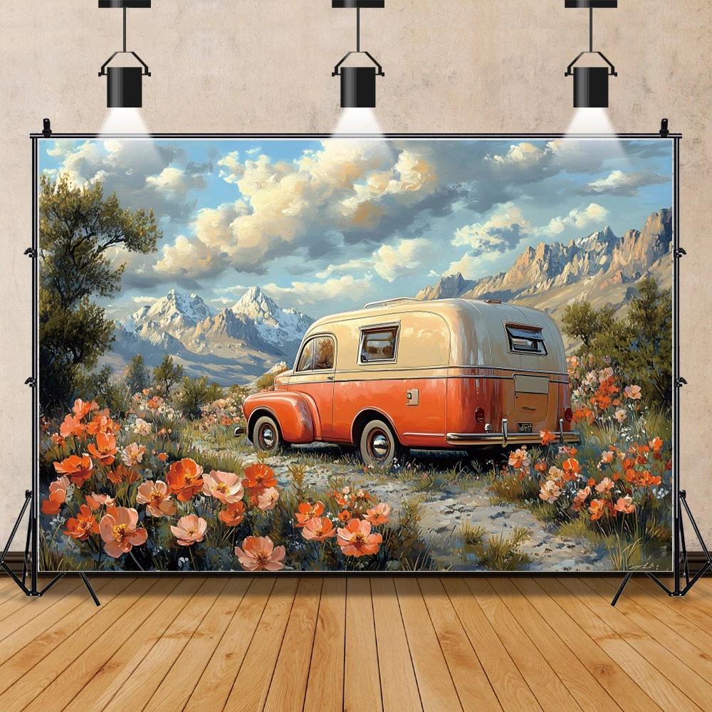 Colorful Flower Car Oil Painting Photography Background Vintage Boho Wedding Spring Nature Birthday Backdrop Photo Studio Props