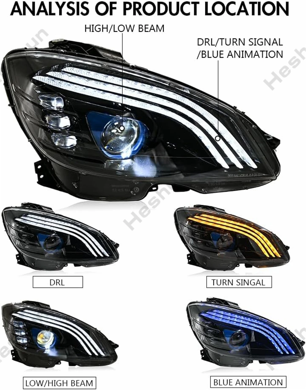 2007-2010年式 ベンツ W204 C180 C200 C63 C250 C280 C300 AMG用 LEDヘッドライト ペア フロントライト ウインカー DRL ヘッドランプ