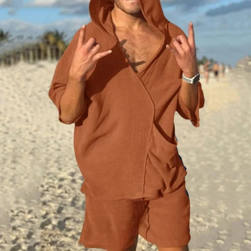 

2025 летние новые модные американские мужские повседневные модные комплекты из 2 предметов с капюшоном, однотонные футболки с v-образным вырезом и короткими рукавами, шорты мужские