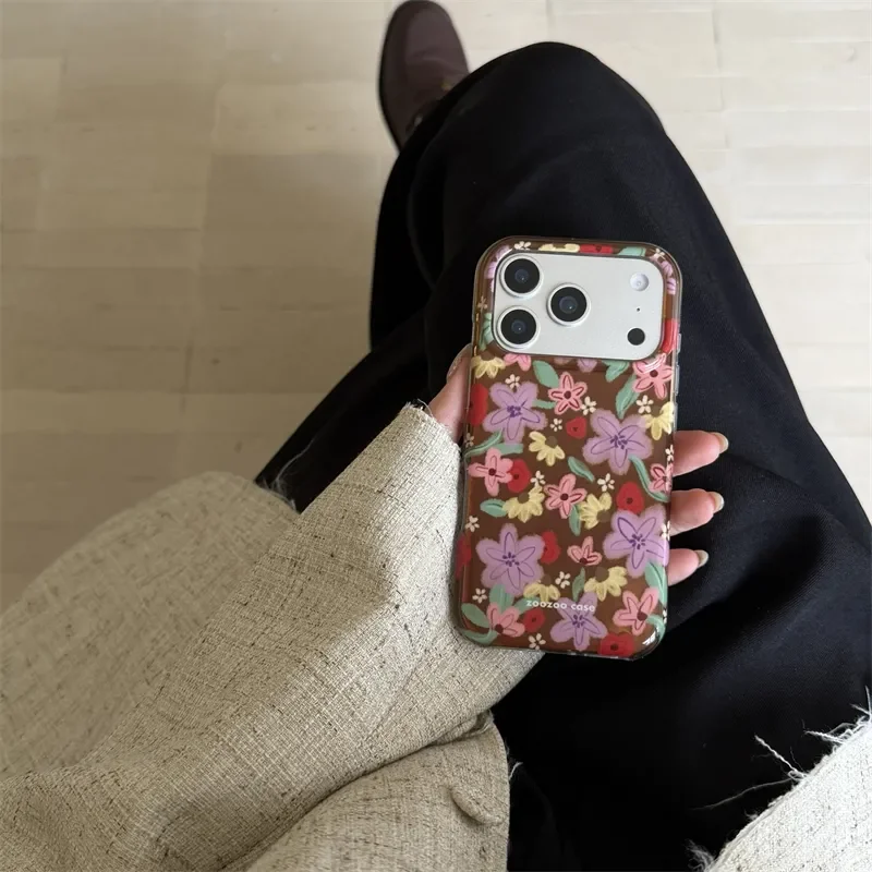 Double Layered Retro Brown Base Oil Painting With Flowers Phone Case For iPhone 17 Air 16 15 14 Pro Max 13 Anti Scratch Ins Y2K