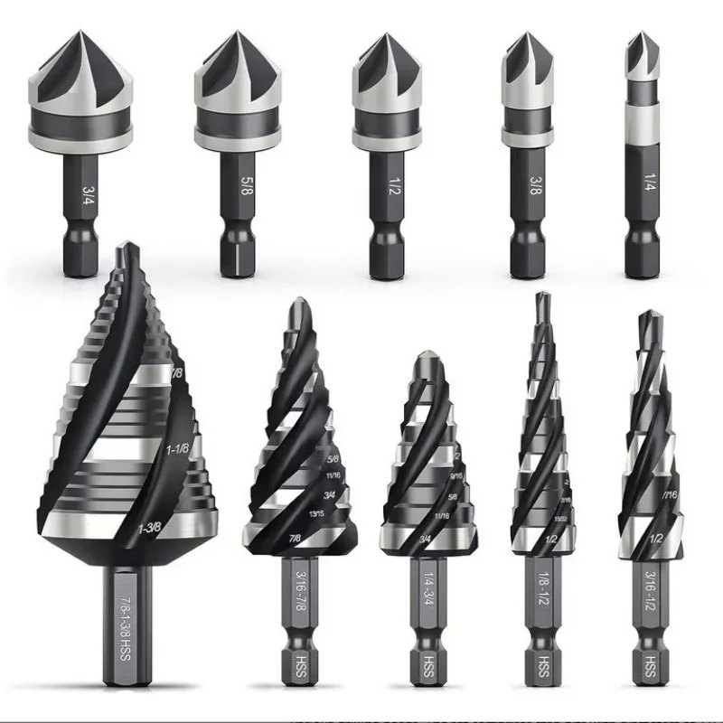 HSS High Hardness Step Drill Bit 5PC Imperial Four Flute Spiral Groove Hex Shank Pagoda Drill Kit