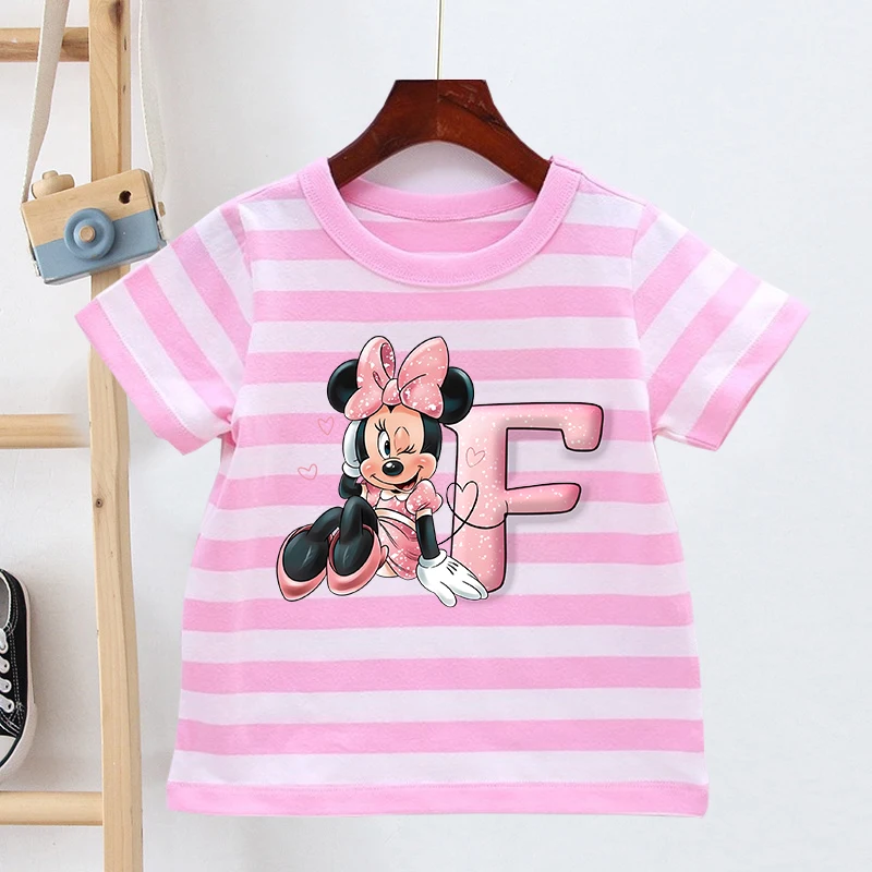 

Minnie Mouse Girls Pink Stripe T Shirt Baby Summer Children's Stripe Short Sleeve Tops Pure Cotton Stripe T-shirt Kid Clothes