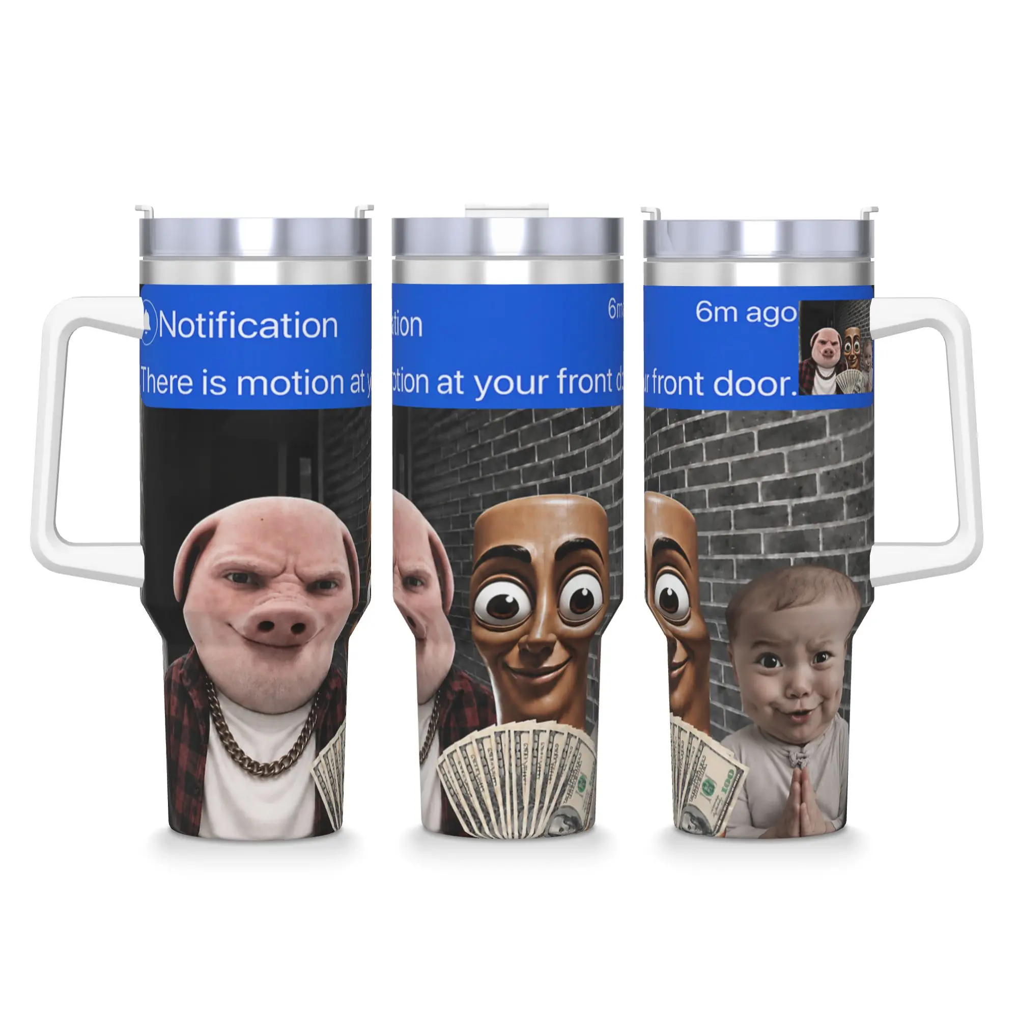 Motion at Your Front Door Tung Sahur John Pork Ai Baby Meme Stainless Steel Tumbler Beach Car Mugs Large Thermal Mug