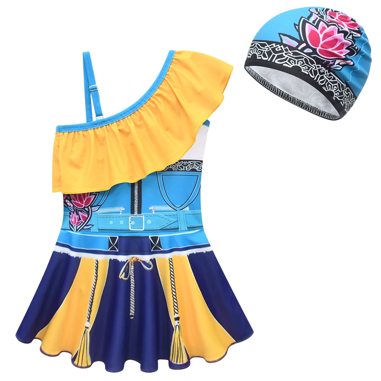 

New K-POP Witch Group Cosplay Kids One Piece Swimsuit Dress Girls Asymmetrical Shoulder Swimwear With Hat