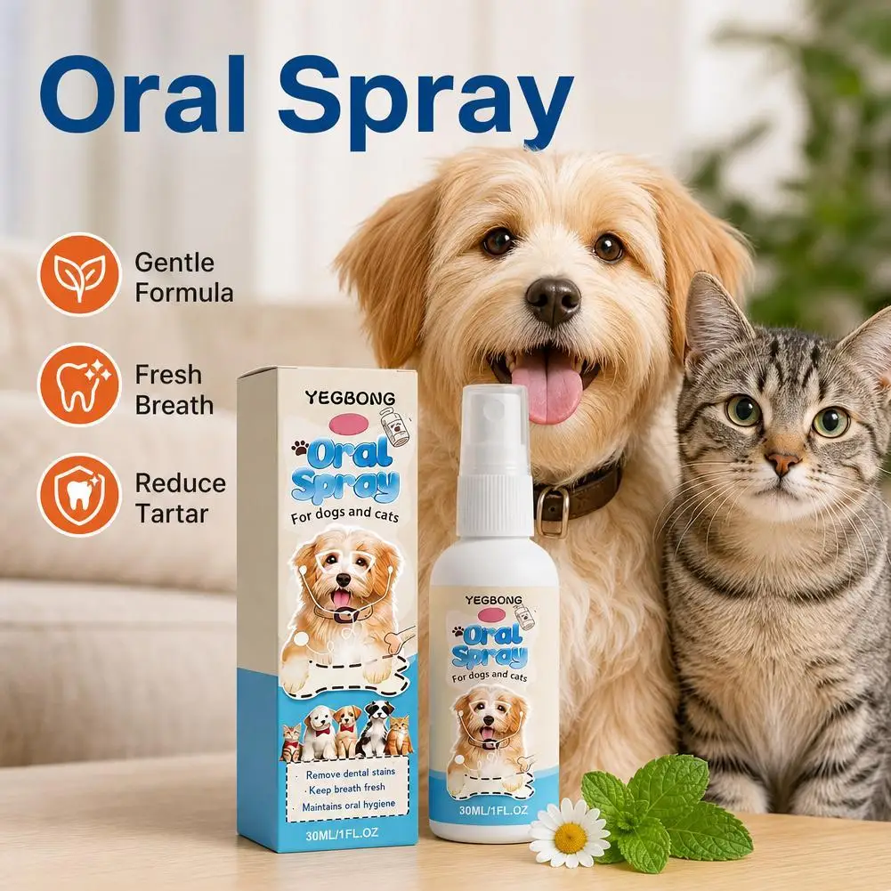 Pet Oral Spray Dog Cat Bad Breath Freshener Teeth Cleaning Tartar Calculus Removal Vet Grade No Brush Dental Health Care 30ml