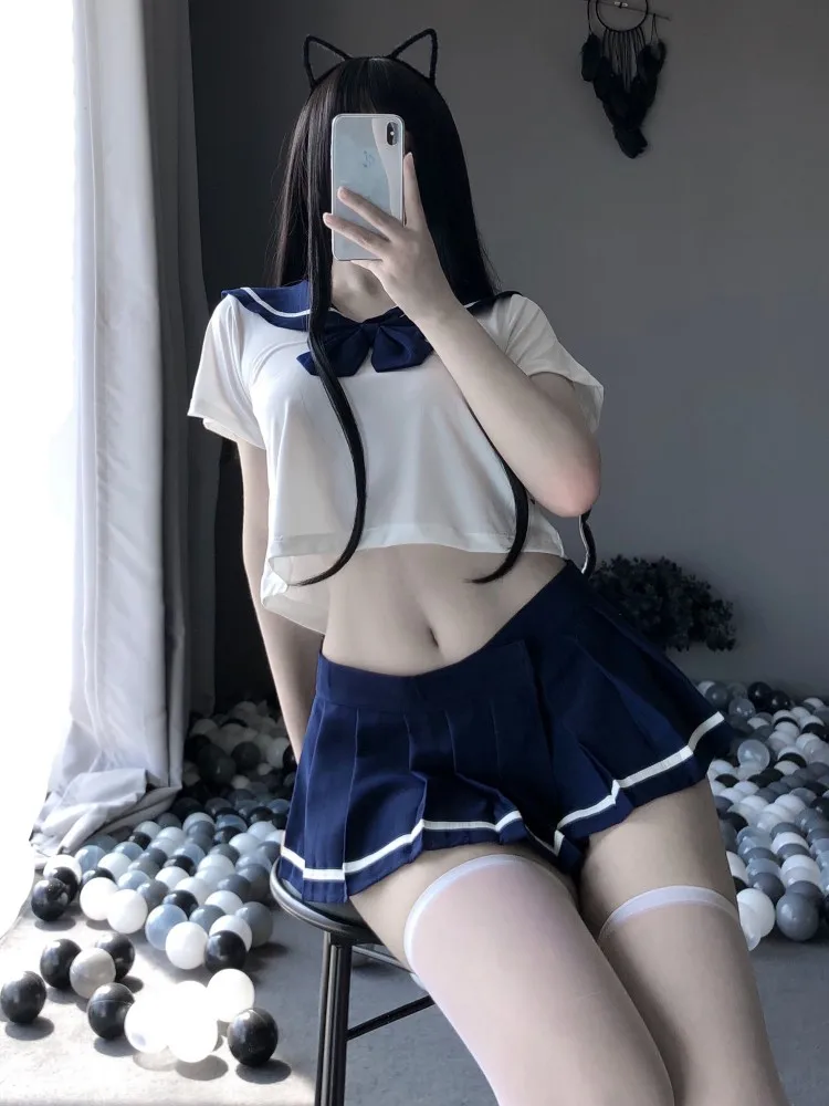 Japanese Anime Student Cosplay Costume School Girls JK Uniform Women Sexy Lingerie Crop Tops and Pleated Skirt Set Outfits