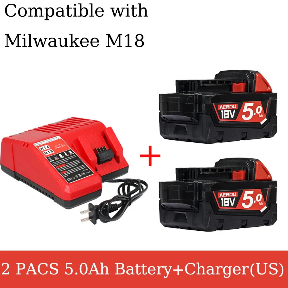 

Compatible with Milwaukee 18V cordless tool battery and charger combo kits, as well as high-capacity lithium-ion battery replacements for models 48-59-1802 and 48-11-1802