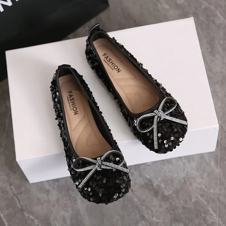 2026 Damen Glitzer-Ballerinas Lässige Gehschuhe Frühling Neu Runde Zehenkappe Schleife Modische Marken-Kleiderschuhe Zapatillas Mujer – Detail 8