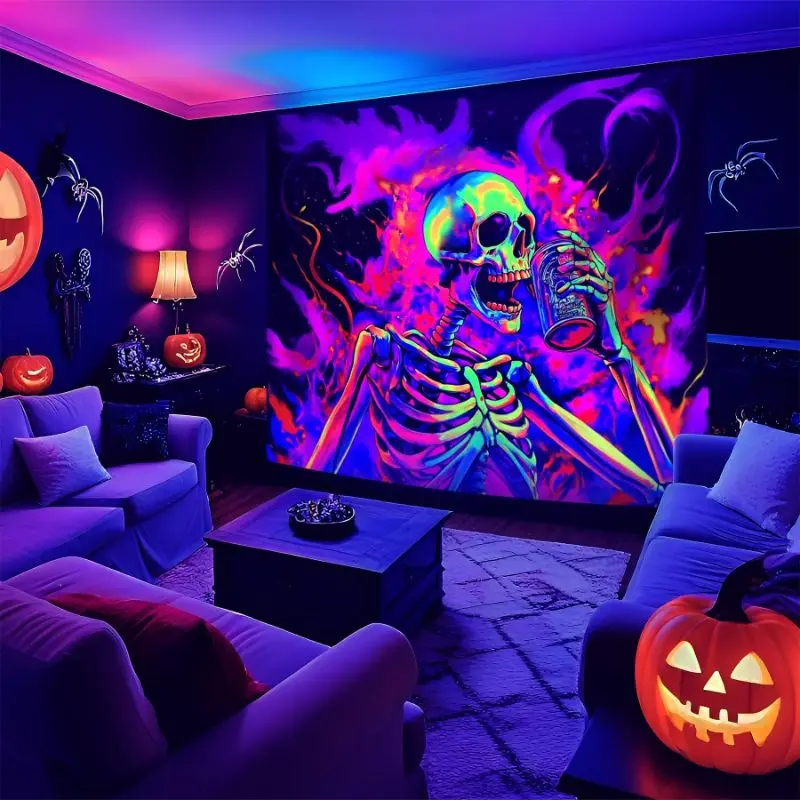 VIKAMA UV Fluorescent Drinking Skeleton Tapestry Glow Flame Halloween Skull Wall Hanging Bedroom Party Decor