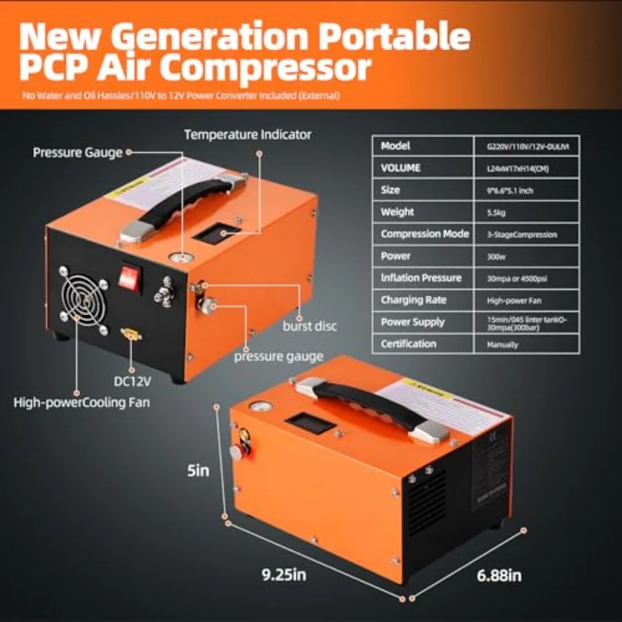 Compressore d'aria Pcp 4500PSl Pompa gonfiabile portatile 12V DC 110V AC con funzione di arresto manuale Adattatore di alimentazione esterno Costruito fresco