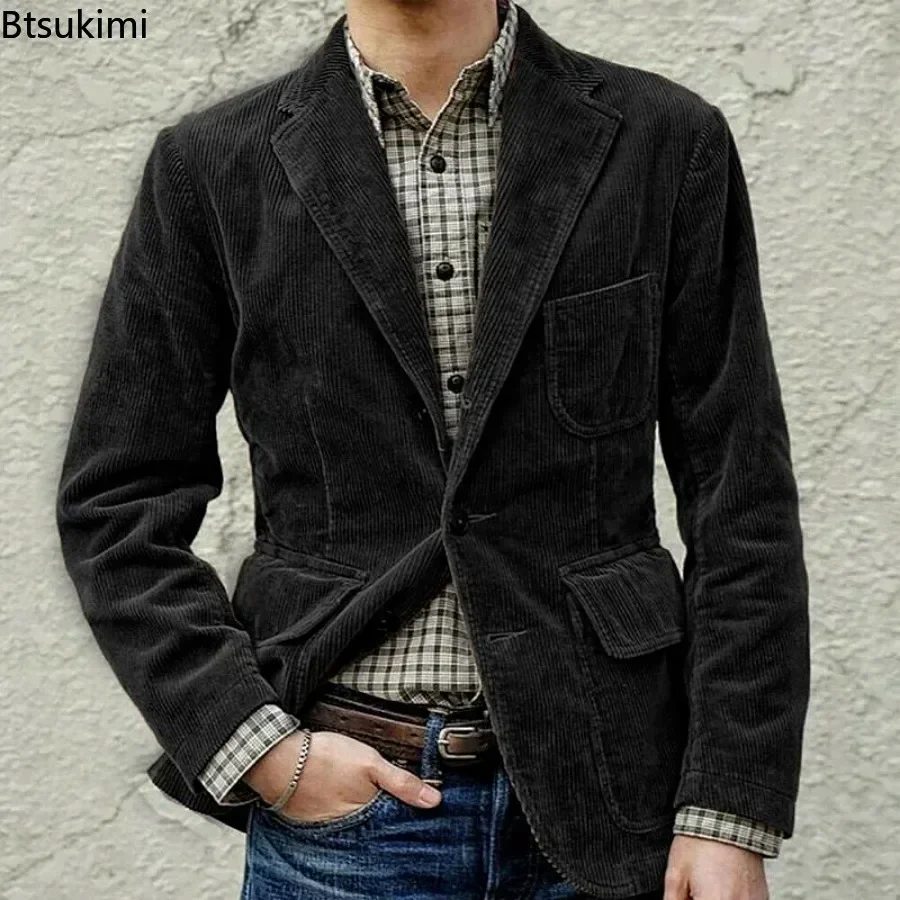 2025 Autumn Winter Men's Coat Jackets Corduroy Casual Suits With Shoulder Pads Fashion Lapel Long-Sleeved Solid Jacket Models