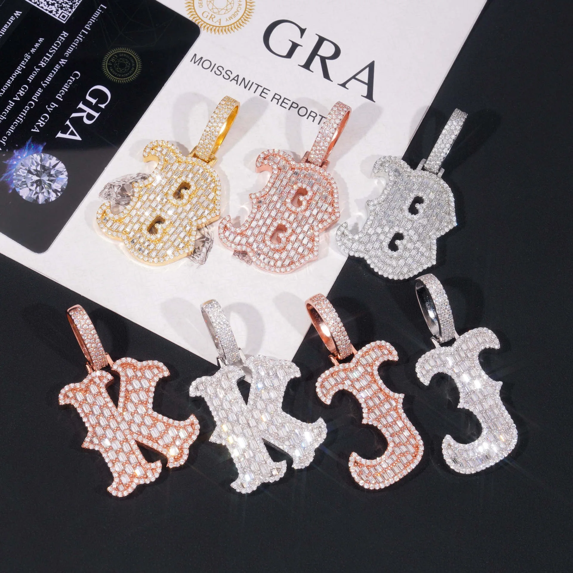 Hiphop Iced Out Baguette Cut Moissanite Letter Pendant 925 Sterling B K J Miami Cuban Letters Pendant Necklace Men Pass Tester