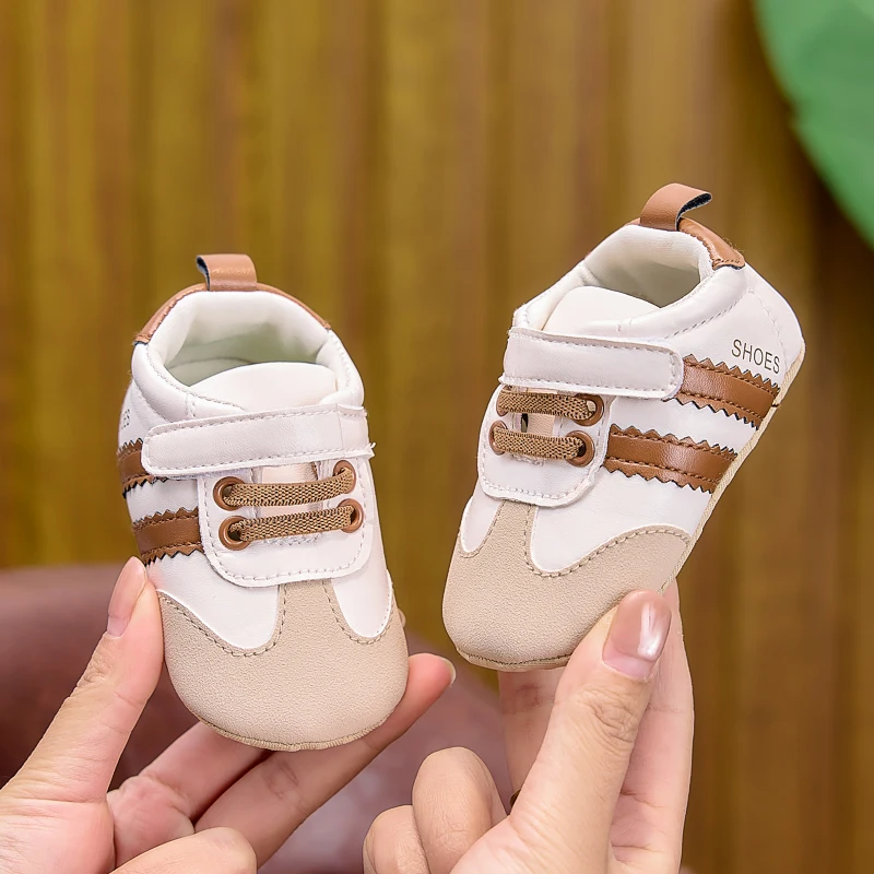Frühlings- und Herbst-Babyschuhe, farblich abgesetzte, gestreifte Babyschuhe mit Klettverschluss, Lauflernschuhe mit weicher Sohle für Neugeborene, 0–12 Monate, Schuhe für Jungen und Mädchen – Detail 15