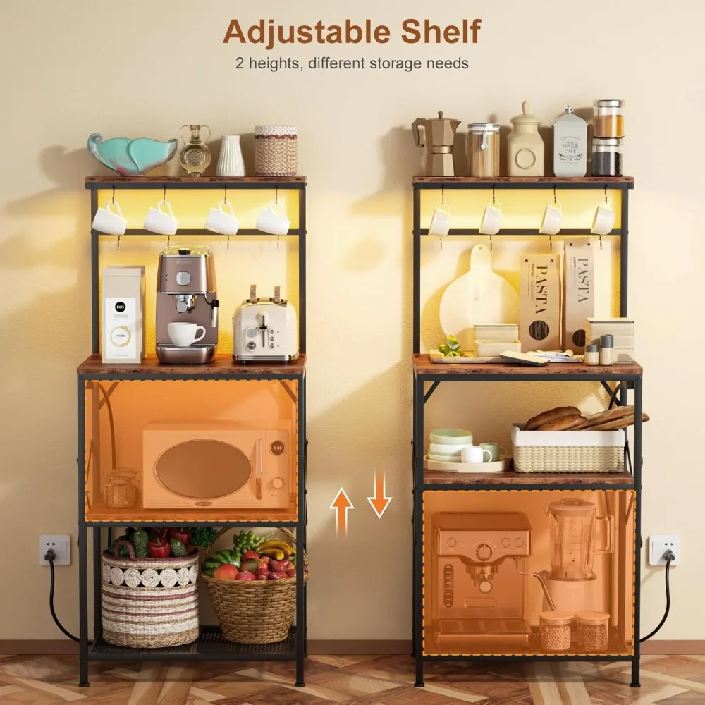 Kitchen Bakers Rack with Power Outlet & LED Lights, Small Coffee Bar Table with Adjustable Storage Shelf, 4 Tiers Microwave Stan