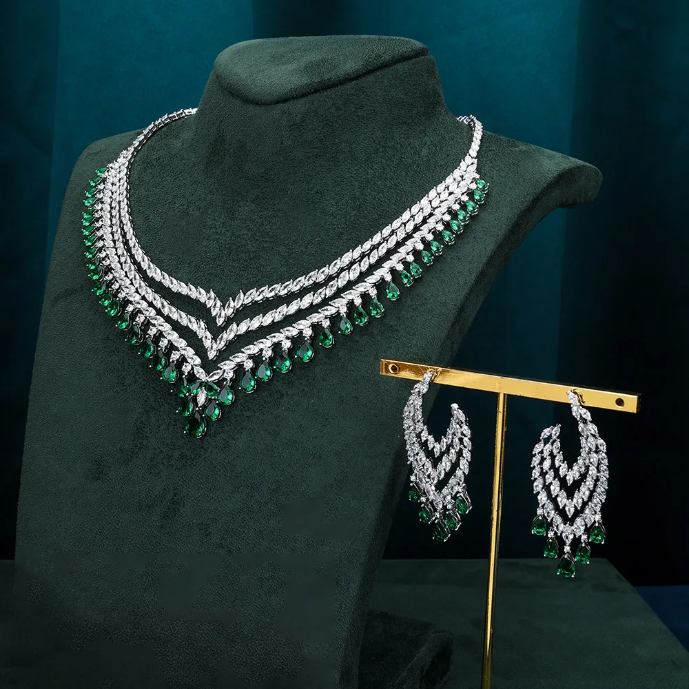 Chandelier Style Moroccan Blue Green Cubic Zircon Necklace and Earrings Jewelry Set 2023 Trendy Women's Necklaces