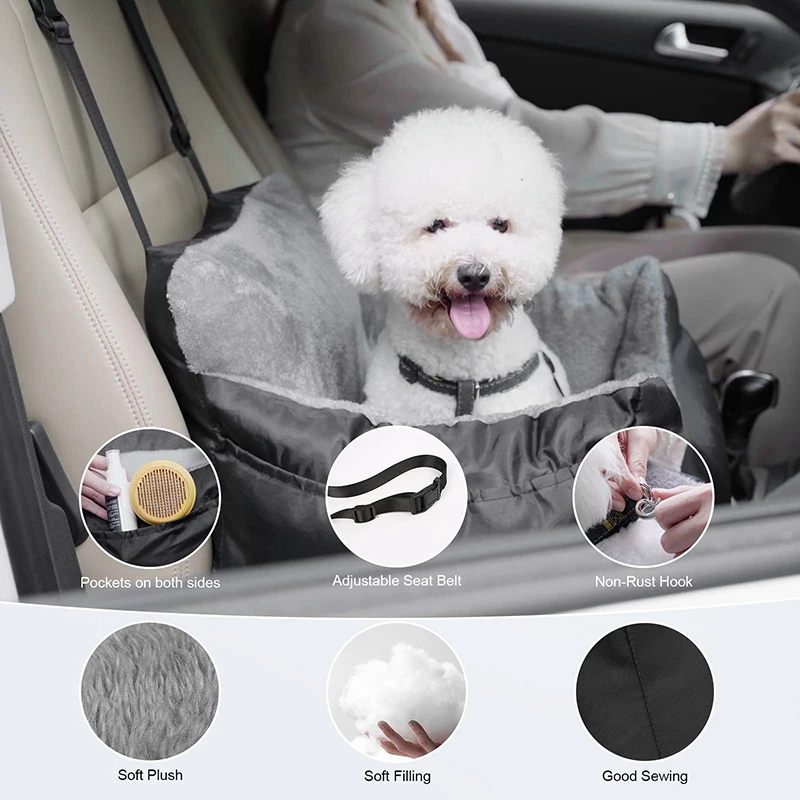 Benepaw Soft Small Dog Car Seat Adjustable Clip-On Safety Leash Detachable Vehicle Pet Booster Seat Washable Storage Pockets