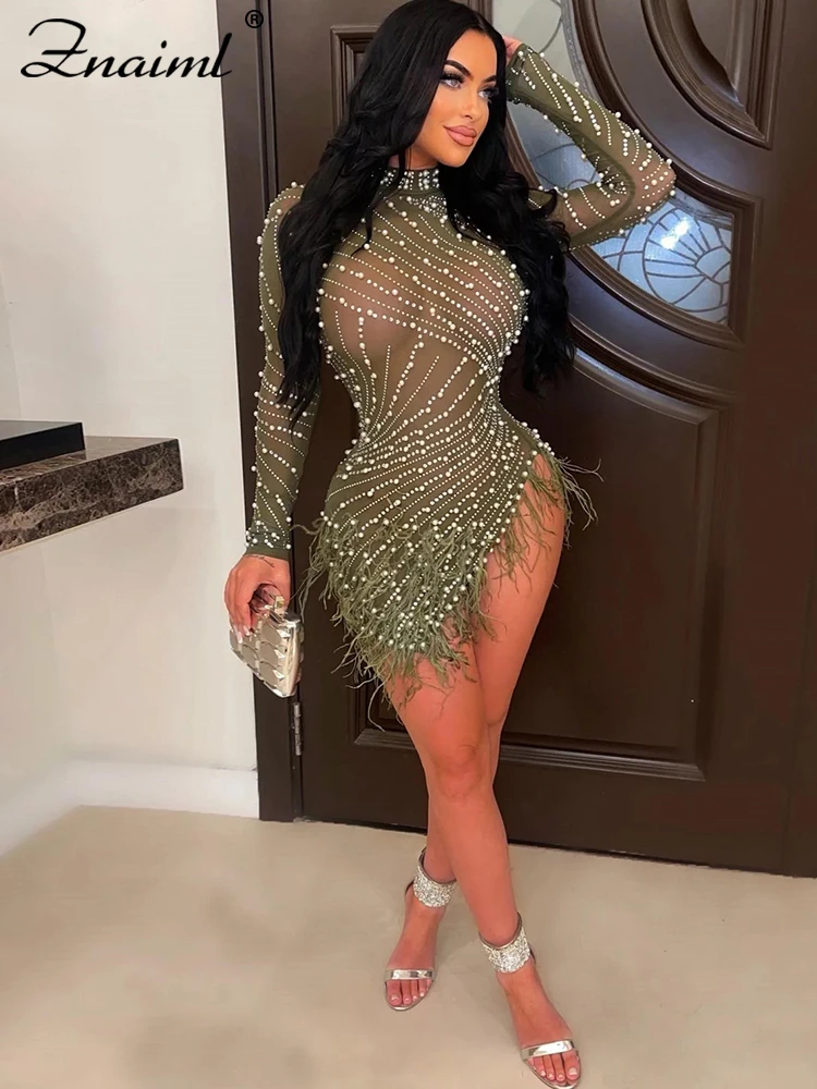 Znaiml Luxury 2023 Evening Celebrity Feathers Sheer Mesh Short Dresses for Women Sexy Pearls Rhinestones Party Birthday Vestidos