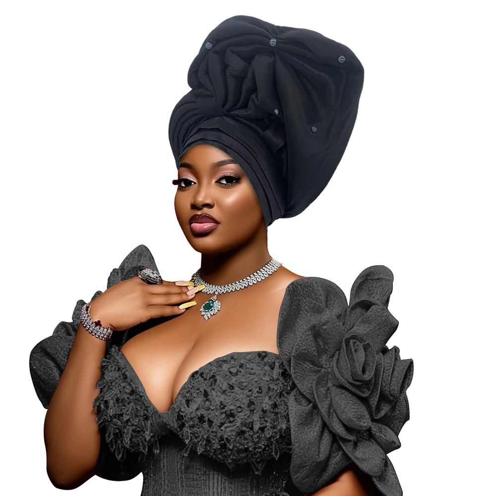 Gorros africanos para mujer, turbante de seda cruda para mujer, gorro para la cabeza para fiesta de boda de Nigeria, lazos para la cabeza listos para usar