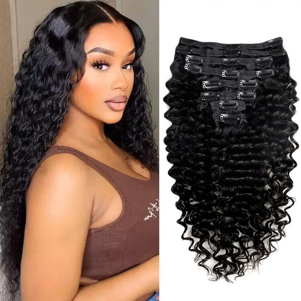 26 Inch Deep Water Wave Clip In Hair Extensions 100% Real Human Hair Clip Natural Black Color 120g/Set Brazilian Remy Hair Woman