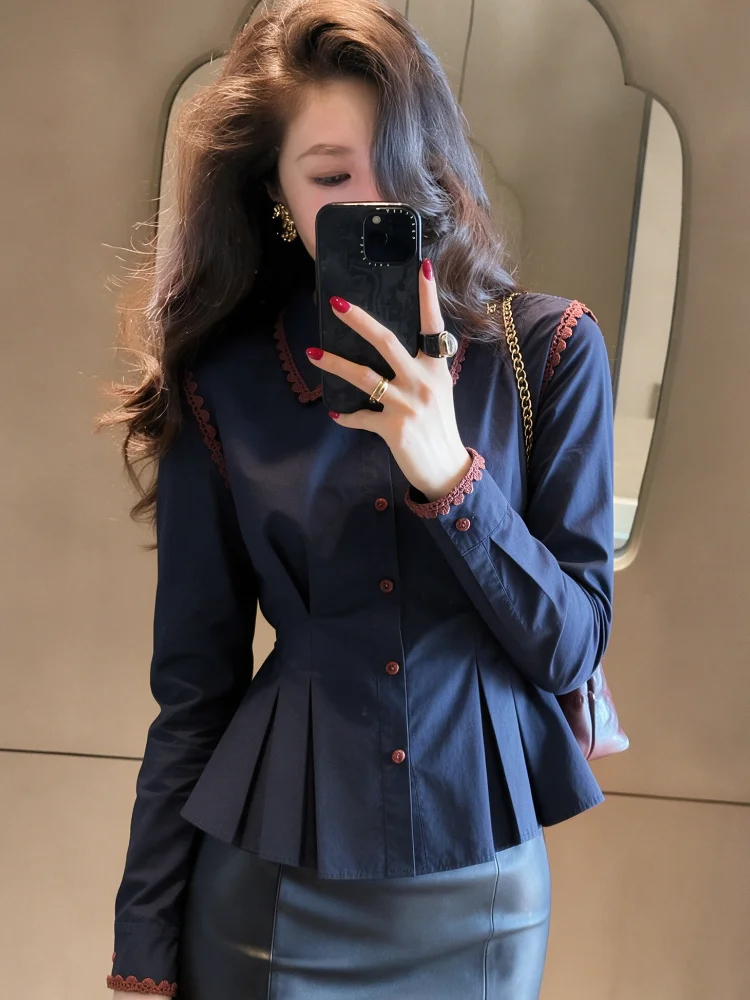 Elegant Style Slim Fit Shirt Top Waist-Cinching Long Sleeve Cotton Blouse in Royal Blue Spring Autumn New Arrival Short Style