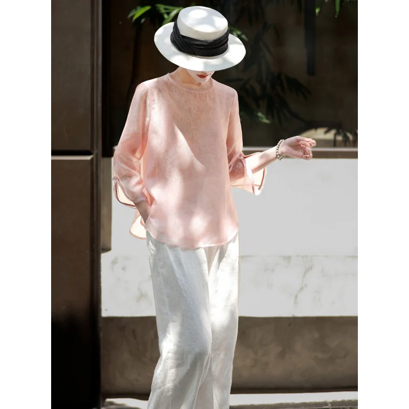 MEXCOCO Light Chinese Style Heavy Beaded Sun Protection Top Women Summer Thin Loose Breathable UV Blouse