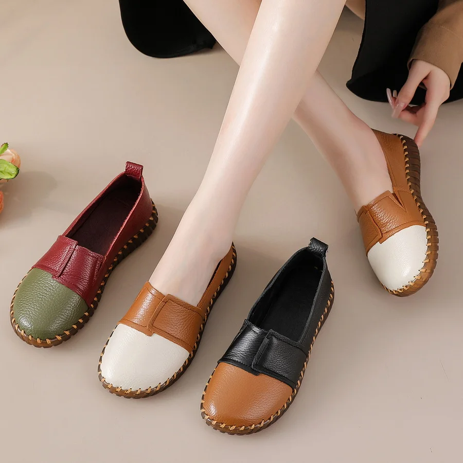 

Vintage two tone shoes for women genuine leather ballet flats ladies slip on shoes luxury moccasins woman loafers shallow shoes