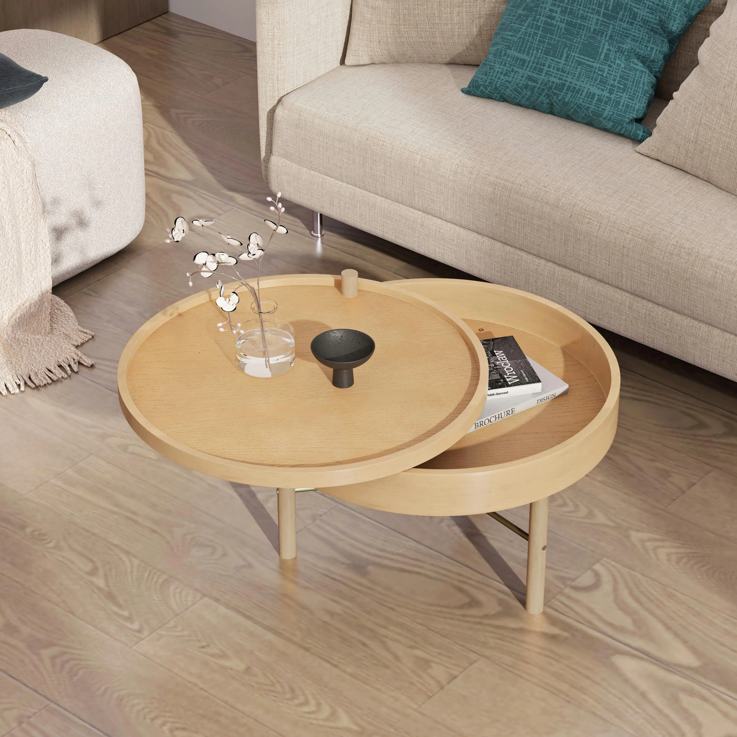 Modern Round Coffee Table with Storage - Wood Rotating Tray & Metal Legs - Natural Finish