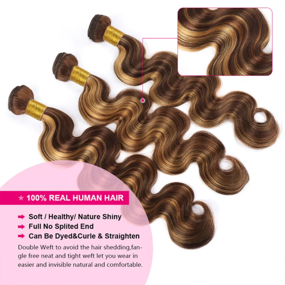 Highlight Body Wave Human Hair Bundles Brazilian Remy 100% Real Human Hair 1/3 Bundle Color P4/27 Weave Extensions 26 28 30 Inch