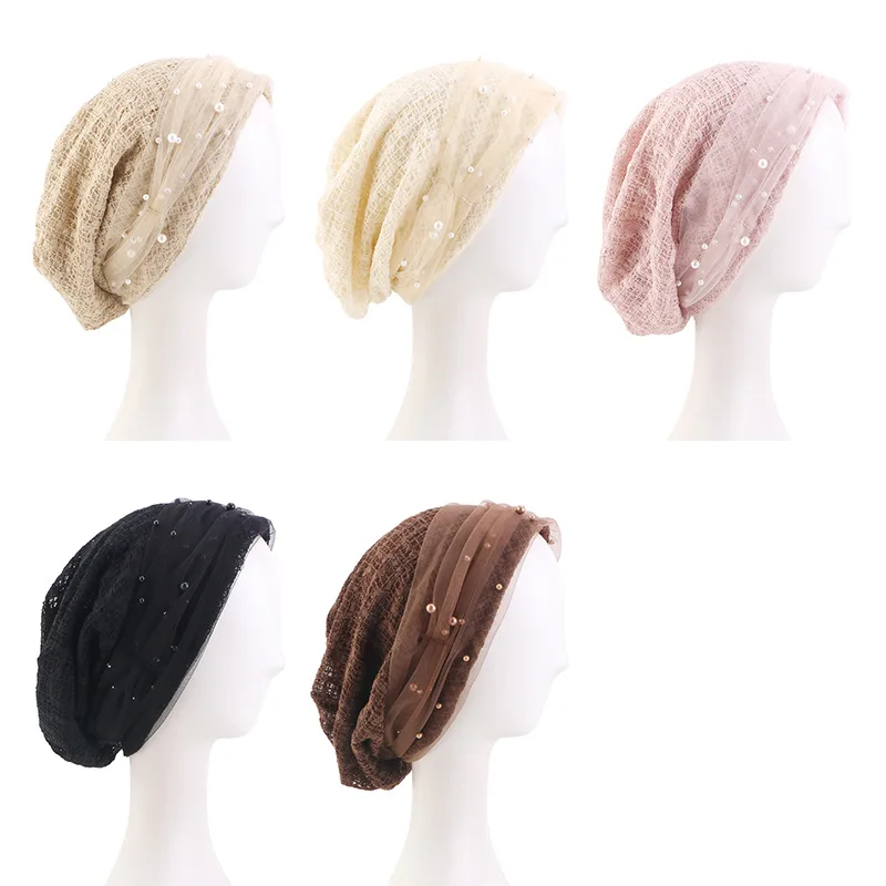 

New Muslim Women Beads Turban Bonnet Mesh Lace Beanies Chemo Cap Hijab Hat Stretch Hair Loss Head Wrap Headwear Turbante Mujer