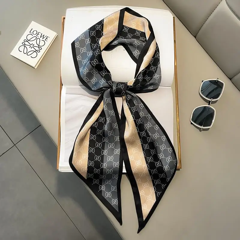 Luxury Brand Print Silk Scarf Women Soft Satin Horse Hairband Bevel Neckerchief Office Hijab Headband Foulard Bag Ribbons Gift