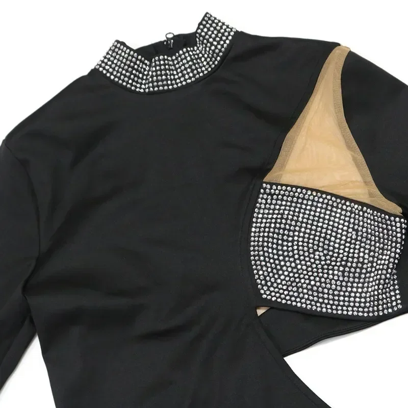 GUWU Fashion wysoki podział patchworkowy ze strasami z długim rękawem Maxi sukienka wieczorowa Bodycon seksowne wycięcie do klubu na imprezę sukienki urodzinowe