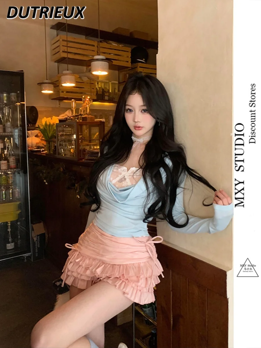 

Summer Korean New Pink Pleated Bow Cake Short Skirt Sweet Girl Versatile High Waist Slimming Kawaii Ruffle Edge Mini Skirts