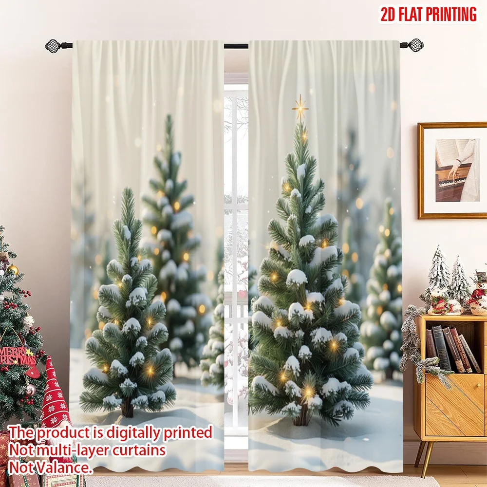 

2pcs 2D flat printing Merry Christmas Window Curtains Christmas Trees Snowy Wonderland Lights Polyester Fabric Without
