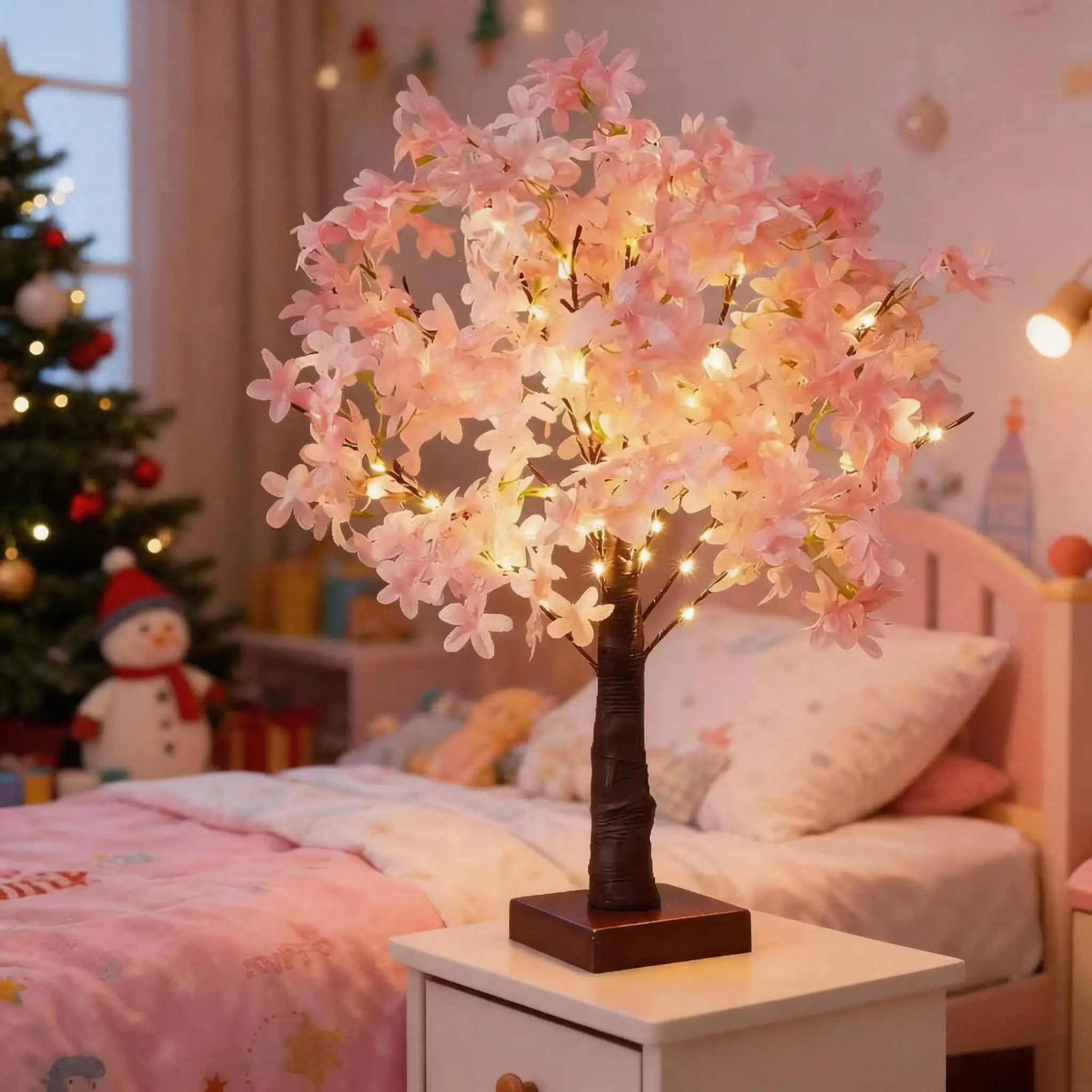1Pc 37LED Lilac Flower Tree Lights, USB/Battery Bendable DIY Mini Table Lamp, Pink Night Light For Home Bedroom Office Wedding Party Valentine Birthday Christmas Decor Gift