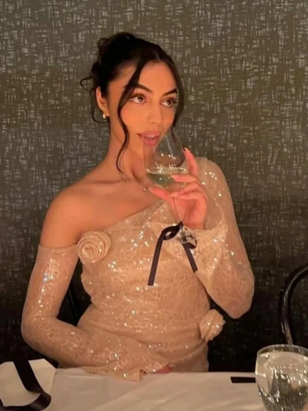 Modphy شبكة الصلبة الترتر ثلاثية الأبعاد الزهور قطري طوق كم طويل مثير Bodycon فستان ماكسي 2025 موضة جديدة الملابس مهرجان حفلة