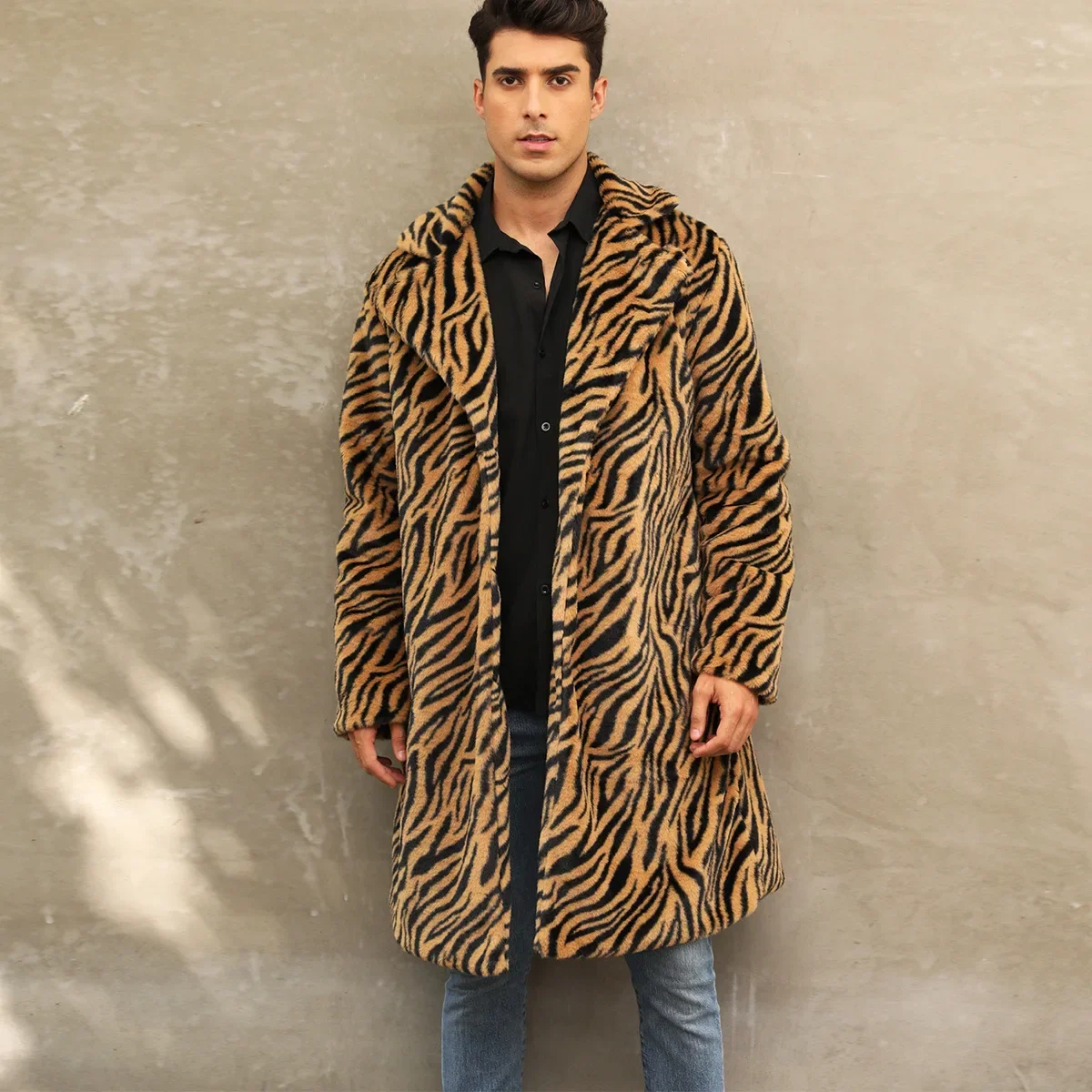 Jaqueta de pele sintética de manga comprida masculina, casaco fofo, outerwear luxuoso, listra zebra, casacos quentes de inverno